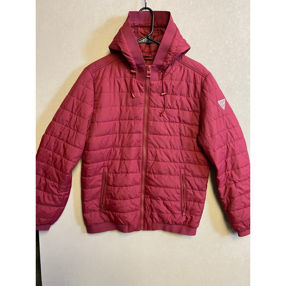 Guess Mens Puffer Jacket Burgundy Red Quilted Hooded Full Zip Coat Size S